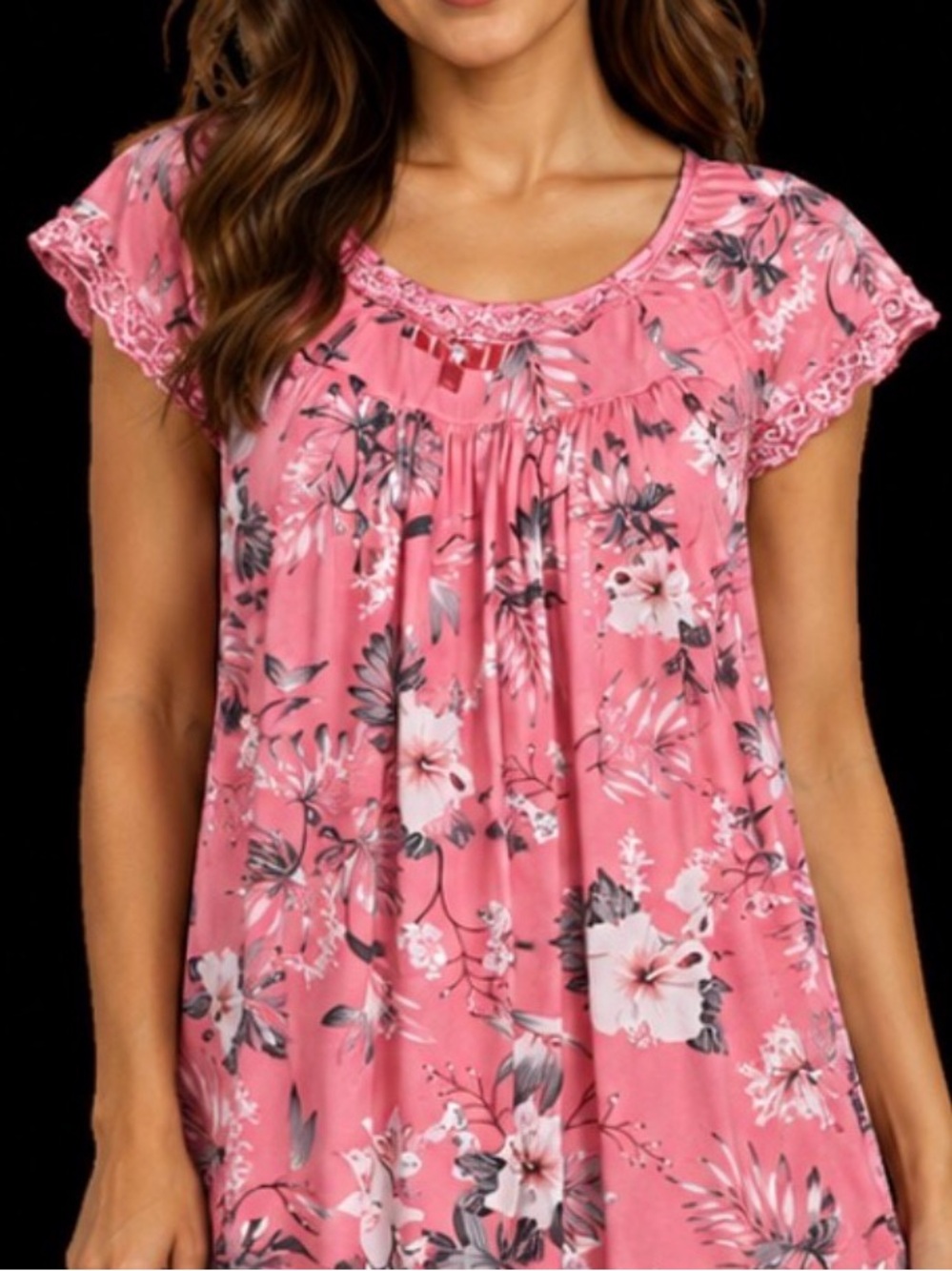 πWomen's Super Soft Pink Hibiscus Loungewear Lace Trim Pj's size Medium Large - Picture 3 of 9